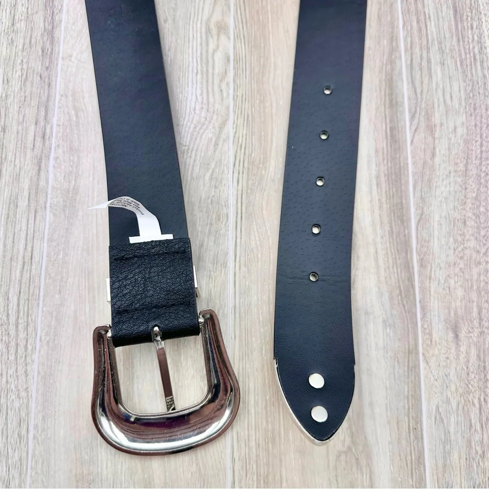 Western Black Faux Leather Belt Silver Toned Boho Engraved Buckle XL 41”-45”